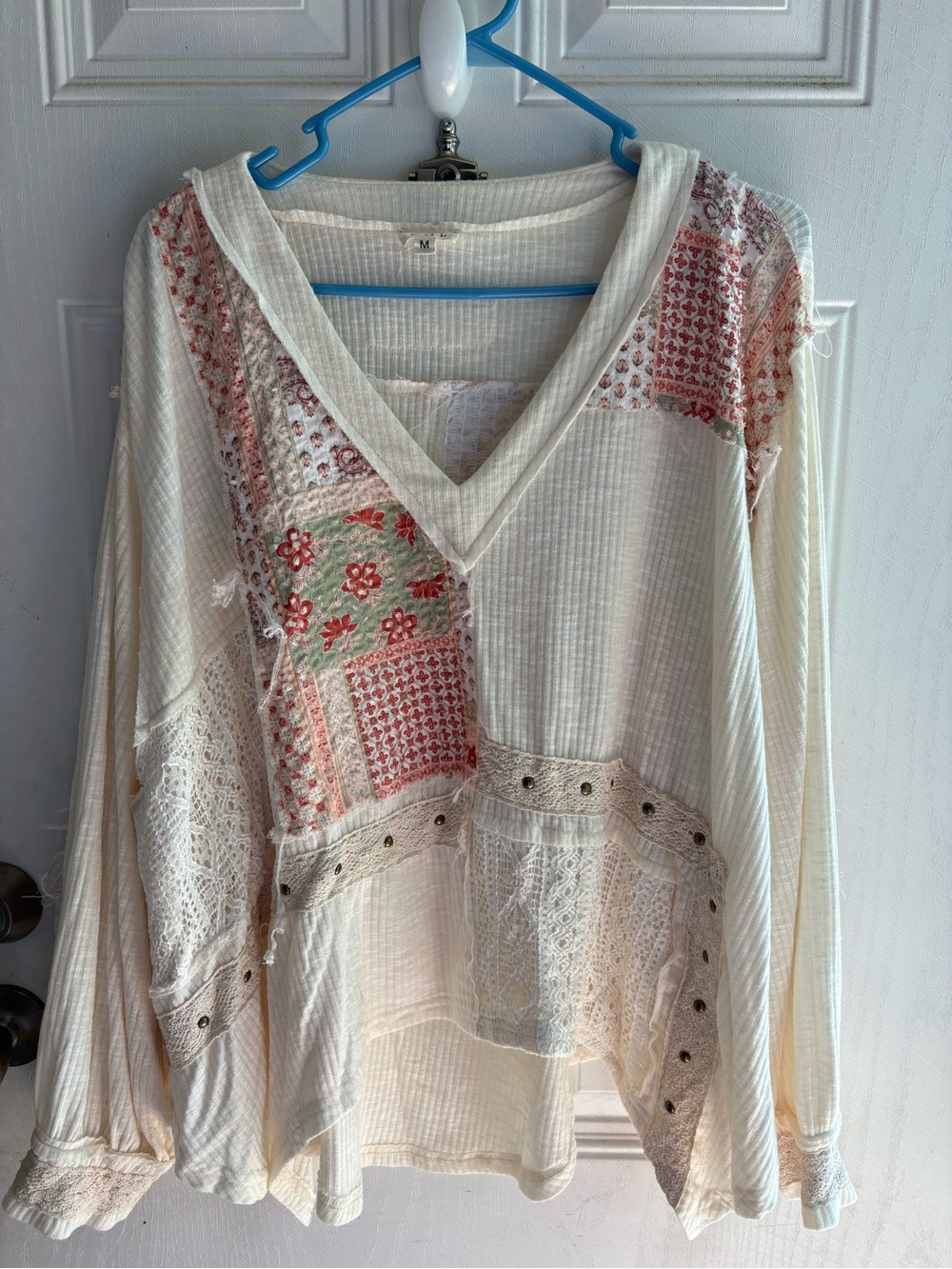 POL Cream Boho Patchwork V-Neck Top with Coral Accents
